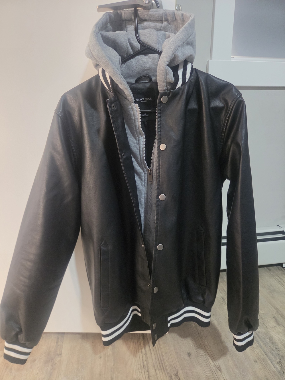 Brave Soul Black Faux Leather Bomber with Gray Hooded Liner